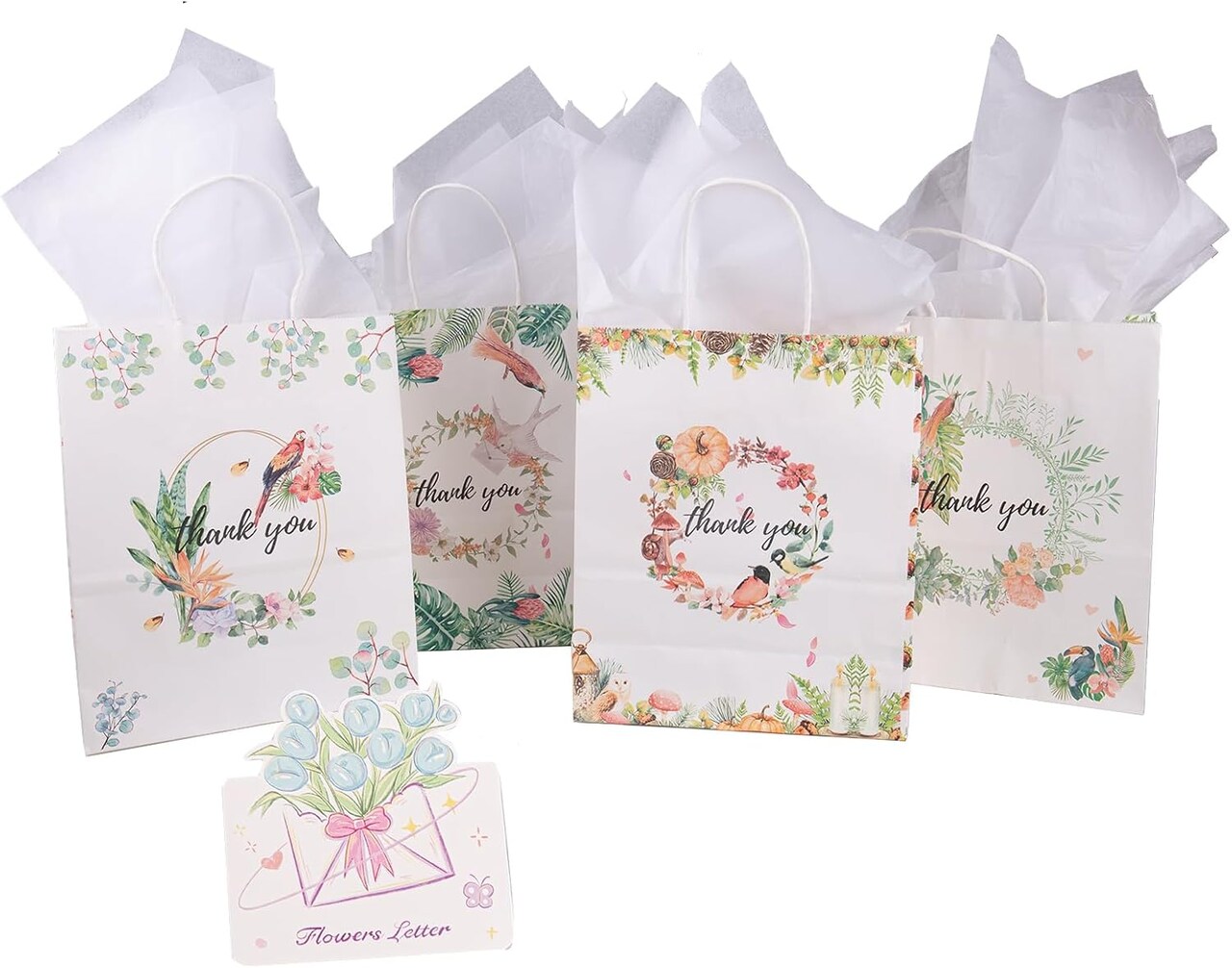 Medium Gift Bag, Gift for Mom and Dad,Flowers and Thankyou Patterns, with Tissue and Card Packaging Bag 4pc
